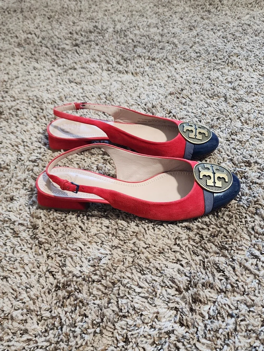 Tory Burch Red Blue Suede And Patent Leather Slingback Flat Sandals Size 7